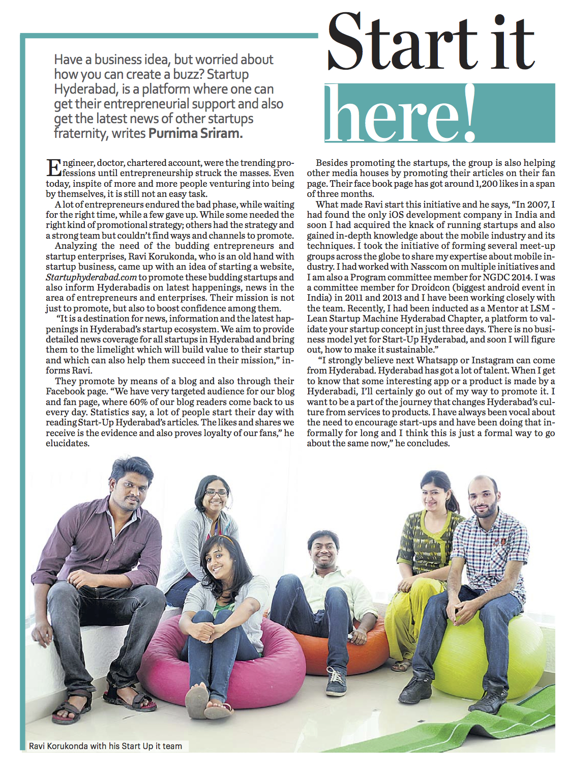 Start-Up Hyderabad featured in Metro India